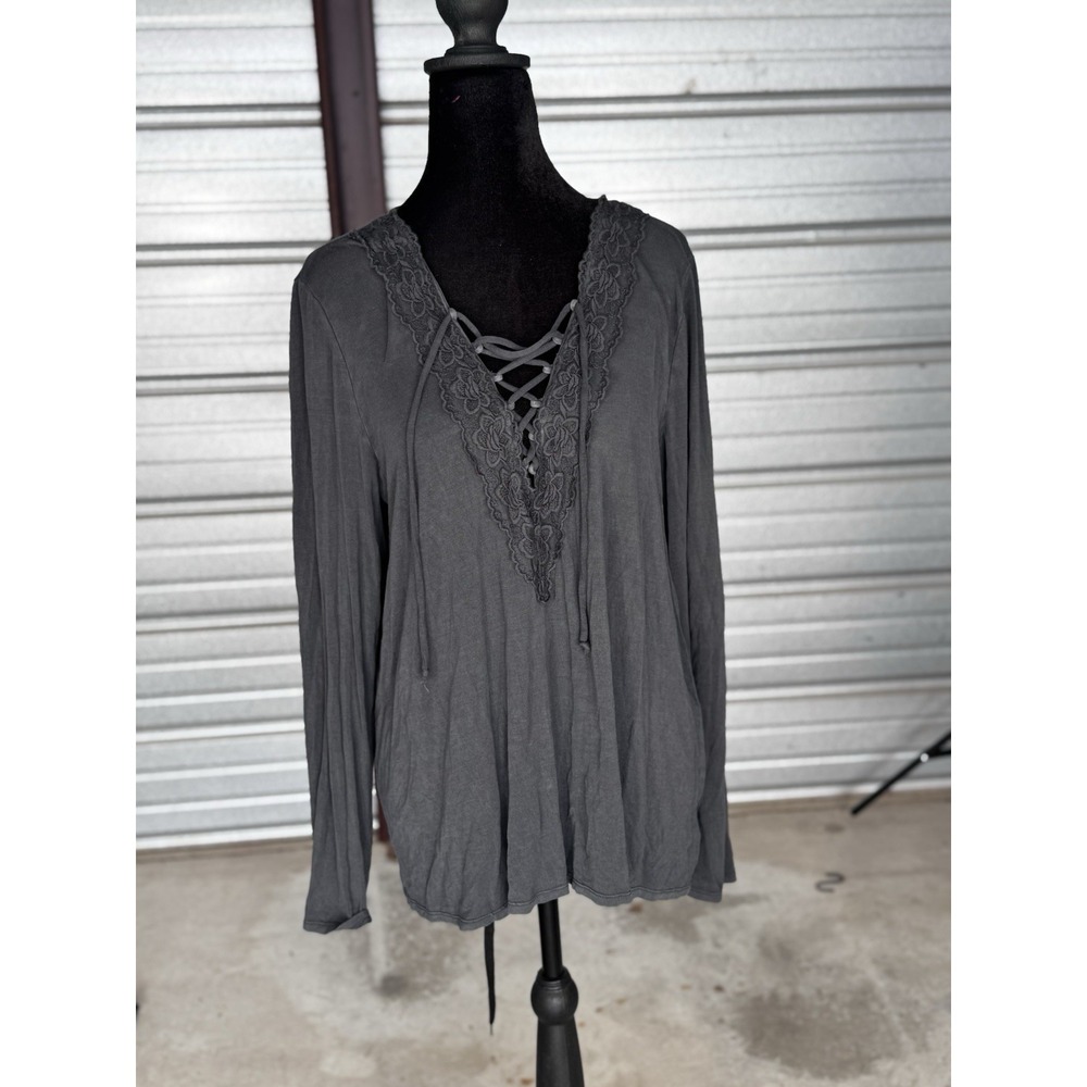 American Eagle Soft & Sexy Lace Up V-Neck Top Grey Long Sleeve XL Boho